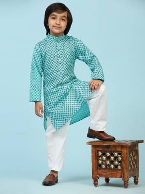 Firozi Cotton Kurta Pajama Set for Boys Kids Ethnic Wear with Embellished Design 1