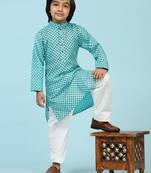 Firozi Cotton Kurta Pajama Set for Boys Kids Ethnic Wear with Embellished Design