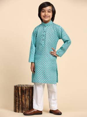 Firozi Cotton Kurta Pajama Set for Boys Kids Ethnic Wear with Embellished Design 2