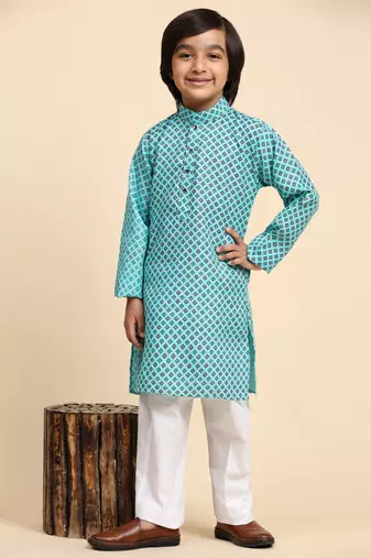 Firozi Cotton Kurta Pajama Set for Boys Kids Ethnic Wear with Embellished Design
