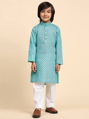 Firozi Cotton Kurta Pajama Set for Boys Kids Ethnic Wear with Embellished Design 3