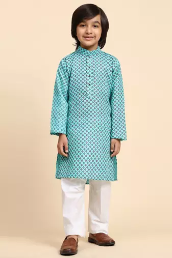 Firozi Cotton Kurta Pajama Set for Boys Kids Ethnic Wear with Embellished Design