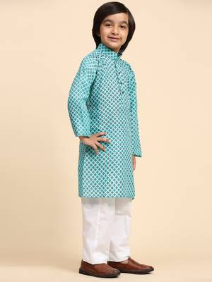 Firozi Cotton Kurta Pajama Set for Boys Kids Ethnic Wear with Embellished Design 4