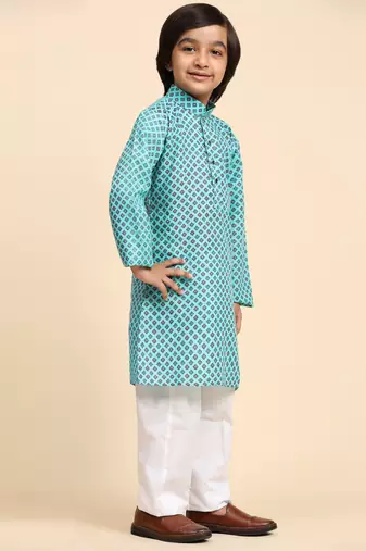 Firozi Cotton Kurta Pajama Set for Boys Kids Ethnic Wear with Embellished Design