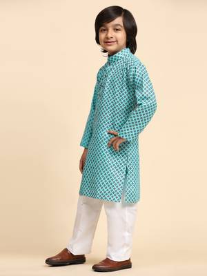 Firozi Cotton Kurta Pajama Set for Boys Kids Ethnic Wear with Embellished Design 5