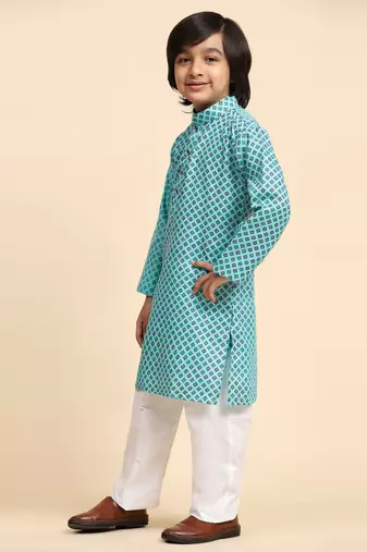 Firozi Cotton Kurta Pajama Set for Boys Kids Ethnic Wear with Embellished Design