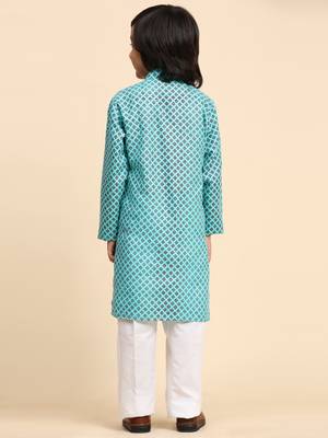 Firozi Cotton Kurta Pajama Set for Boys Kids Ethnic Wear with Embellished Design 6