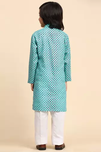 Firozi Cotton Kurta Pajama Set for Boys Kids Ethnic Wear with Embellished Design