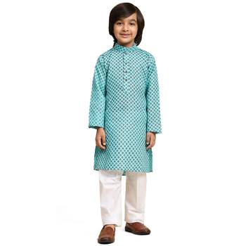 Firozi Cotton Kurta Pajama Set for Boys Kids Ethnic Wear with Embellished Design 7
