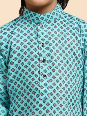 Firozi Cotton Kurta Pajama Set for Boys Kids Ethnic Wear with Embellished Design 9