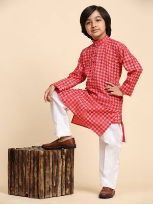 Red Cotton Kurta Pajama Set for Boys Kids Ethnic Wear with Embellished Design 1