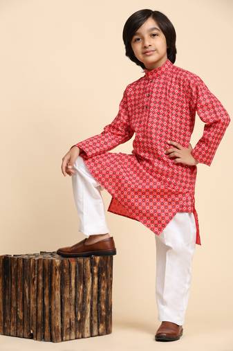 Red Cotton Kurta Pajama Set for Boys Kids Ethnic Wear with Embellished Design