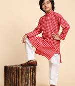 Red Cotton Kurta Pajama Set for Boys Kids Ethnic Wear with Embellished Design