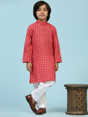 Red Cotton Kurta Pajama Set for Boys Kids Ethnic Wear with Embellished Design 2