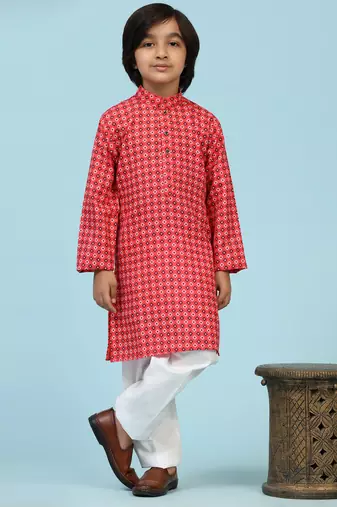 Red Cotton Kurta Pajama Set for Boys Kids Ethnic Wear with Embellished Design