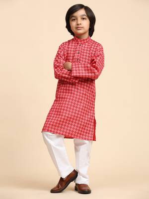 Red Cotton Kurta Pajama Set for Boys Kids Ethnic Wear with Embellished Design 3
