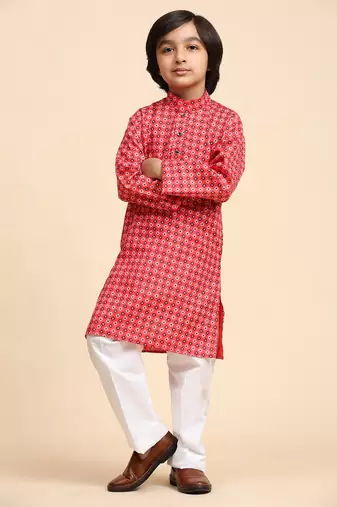 Red Cotton Kurta Pajama Set for Boys Kids Ethnic Wear with Embellished Design