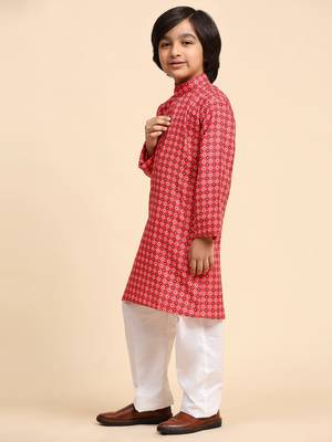 Red Cotton Kurta Pajama Set for Boys Kids Ethnic Wear with Embellished Design 4