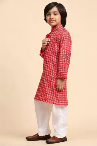 Red Cotton Kurta Pajama Set for Boys Kids Ethnic Wear with Embellished Design