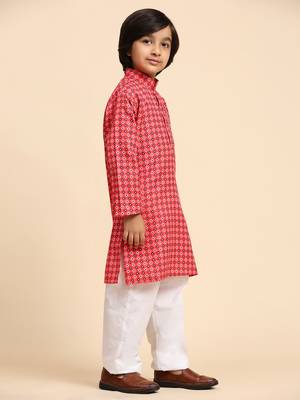 Red Cotton Kurta Pajama Set for Boys Kids Ethnic Wear with Embellished Design 5