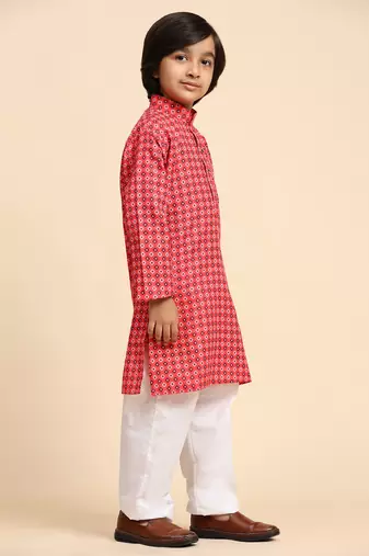 Red Cotton Kurta Pajama Set for Boys Kids Ethnic Wear with Embellished Design