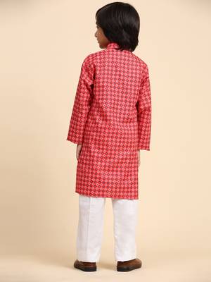Red Cotton Kurta Pajama Set for Boys Kids Ethnic Wear with Embellished Design 6