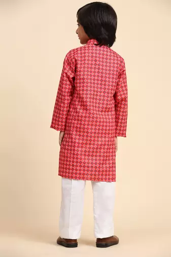 Red Cotton Kurta Pajama Set for Boys Kids Ethnic Wear with Embellished Design