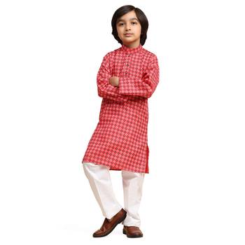Red Cotton Kurta Pajama Set for Boys Kids Ethnic Wear with Embellished Design 7