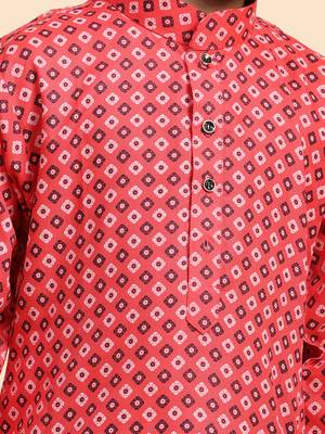 Red Cotton Kurta Pajama Set for Boys Kids Ethnic Wear with Embellished Design 8