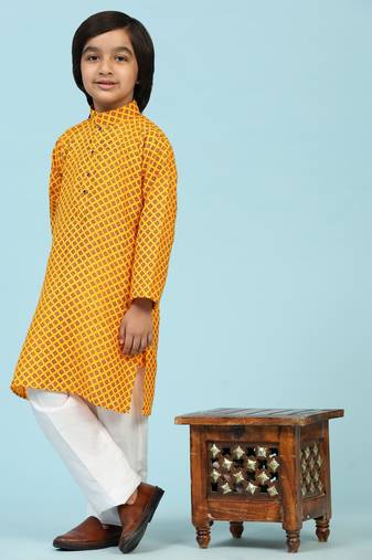 Mustard Cotton Kurta Pajama Set for Boys Kids Ethnic Wear with Embellished Design