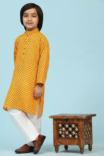 Mustard Cotton Kurta Pajama Set for Boys Kids Ethnic Wear with Embellished Design