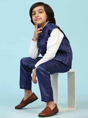 Royal Blue Embellished Cotton 3 Piece Suit Set for Boys Party,Wedding Outfits 1