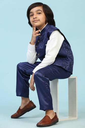 Royal Blue Embellished Cotton 3 Piece Suit Set for Boys Party,Wedding Outfits