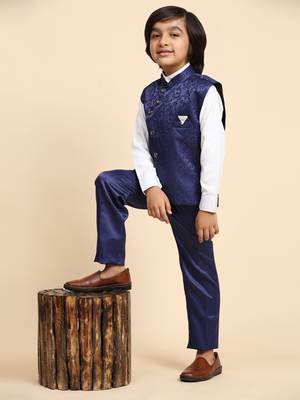 Royal Blue Embellished Cotton 3 Piece Suit Set for Boys Party,Wedding Outfits 2