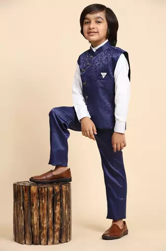 Royal Blue Embellished Cotton 3 Piece Suit Set for Boys Party,Wedding Outfits