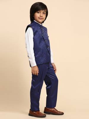 Royal Blue Embellished Cotton 3 Piece Suit Set for Boys Party,Wedding Outfits 3