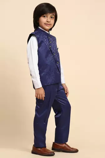 Royal Blue Embellished Cotton 3 Piece Suit Set for Boys Party,Wedding Outfits