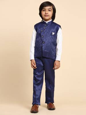 Royal Blue Embellished Cotton 3 Piece Suit Set for Boys Party,Wedding Outfits 4