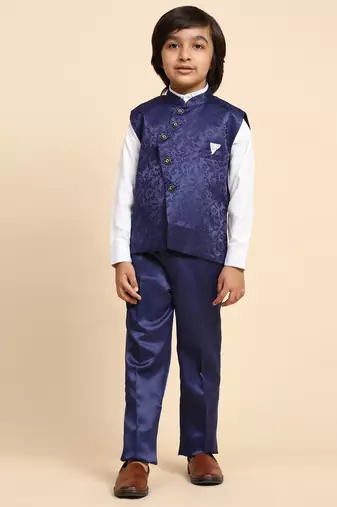 Royal Blue Embellished Cotton 3 Piece Suit Set for Boys Party,Wedding Outfits