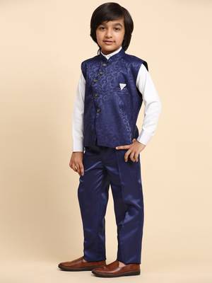 Royal Blue Embellished Cotton 3 Piece Suit Set for Boys Party,Wedding Outfits 5