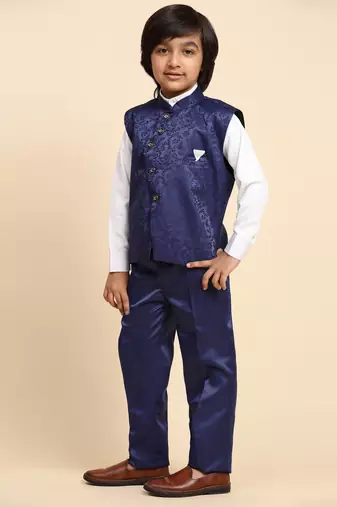 Royal Blue Embellished Cotton 3 Piece Suit Set for Boys Party,Wedding Outfits