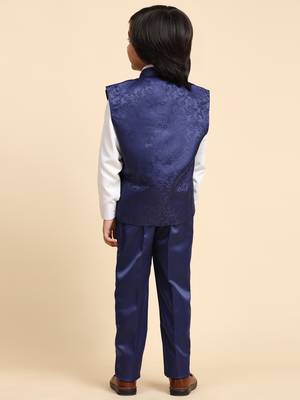 Royal Blue Embellished Cotton 3 Piece Suit Set for Boys Party,Wedding Outfits 8