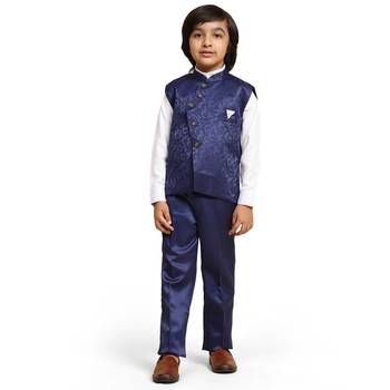 Royal Blue Embellished Cotton 3 Piece Suit Set for Boys Party,Wedding Outfits 10