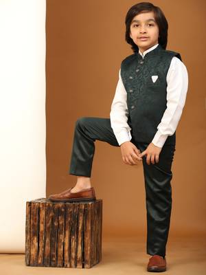 Dark Green Embellished Cotton 3 Piece Suit Set for Boys Party, Wedding Outfits 1