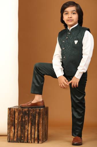 Dark Green Embellished Cotton 3 Piece Suit Set for Boys Party, Wedding Outfits