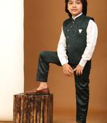 Dark Green Embellished Cotton 3 Piece Suit Set for Boys Party, Wedding Outfits