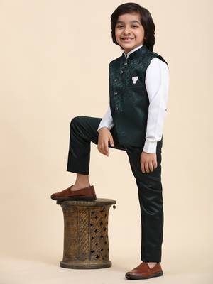 Dark Green Embellished Cotton 3 Piece Suit Set for Boys Party, Wedding Outfits 2