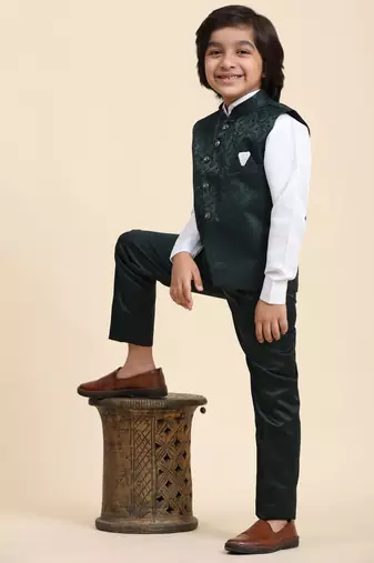 Dark Green Embellished Cotton 3 Piece Suit Set for Boys Party, Wedding Outfits
