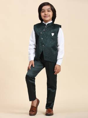 Dark Green Embellished Cotton 3 Piece Suit Set for Boys Party, Wedding Outfits 3