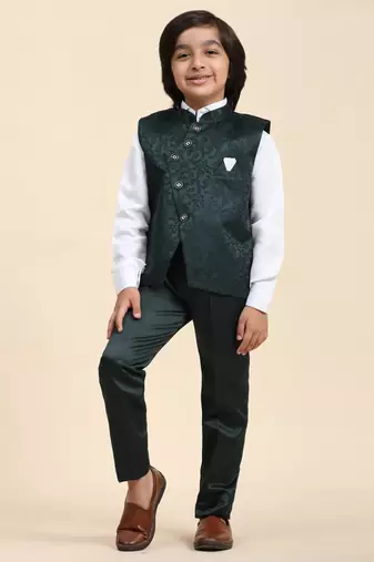 Dark Green Embellished Cotton 3 Piece Suit Set for Boys Party, Wedding Outfits